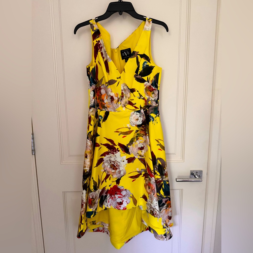 Black Halo EVE by Laurel Berman yellow cocktail floral high-low dress, size 8.